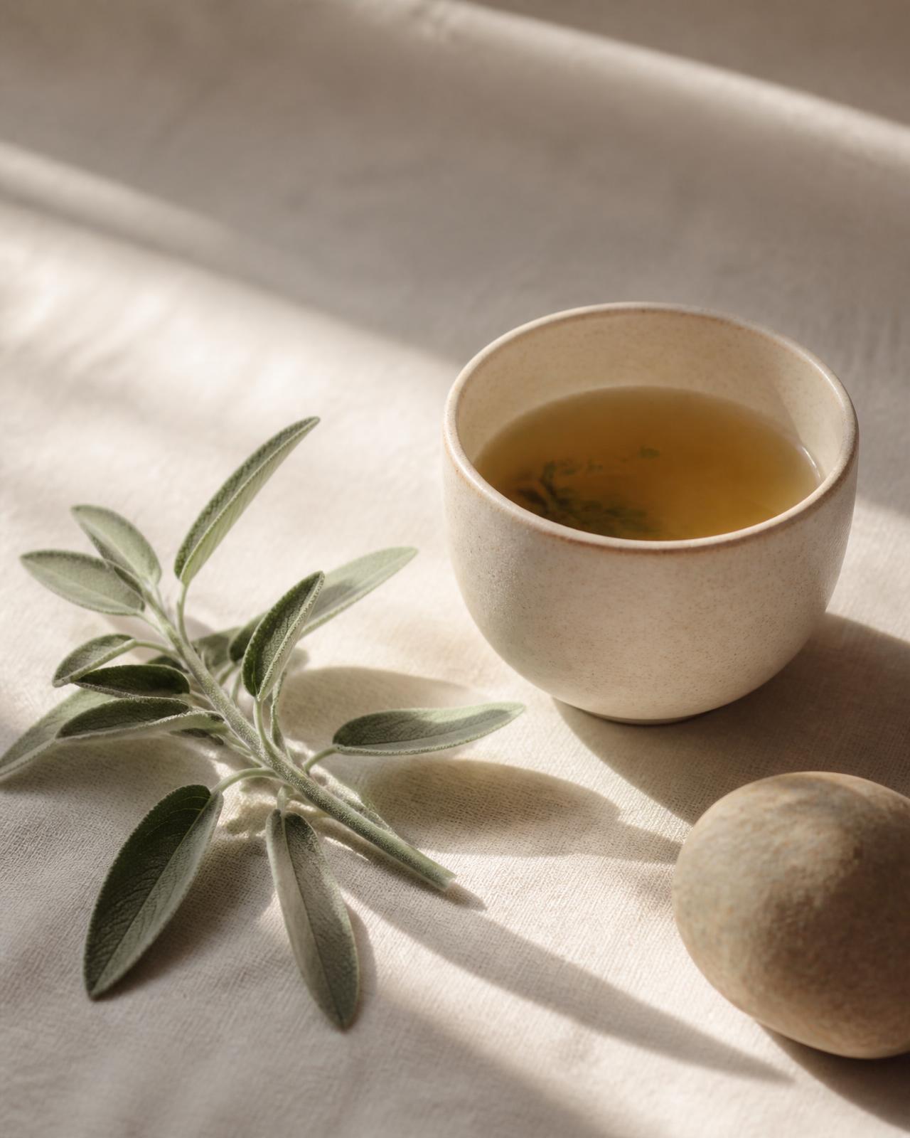 Herbal tea, sage leaves and stone arranged on sunlit linen